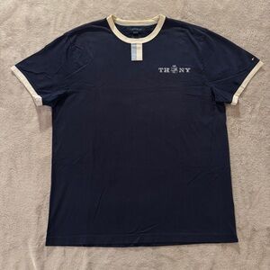 Awesome Tommy Hilfiger NY Navy Ringer Tee Shirt Cream Details Coat of Arms Logo